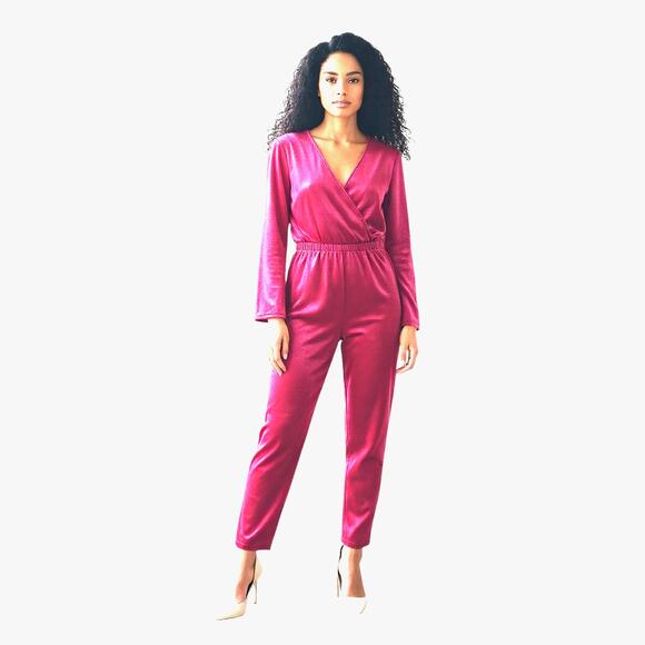 A New Day Pink Velet Jumpsuit with Bell Long Sleeve -Medium - Picture 1 of 9